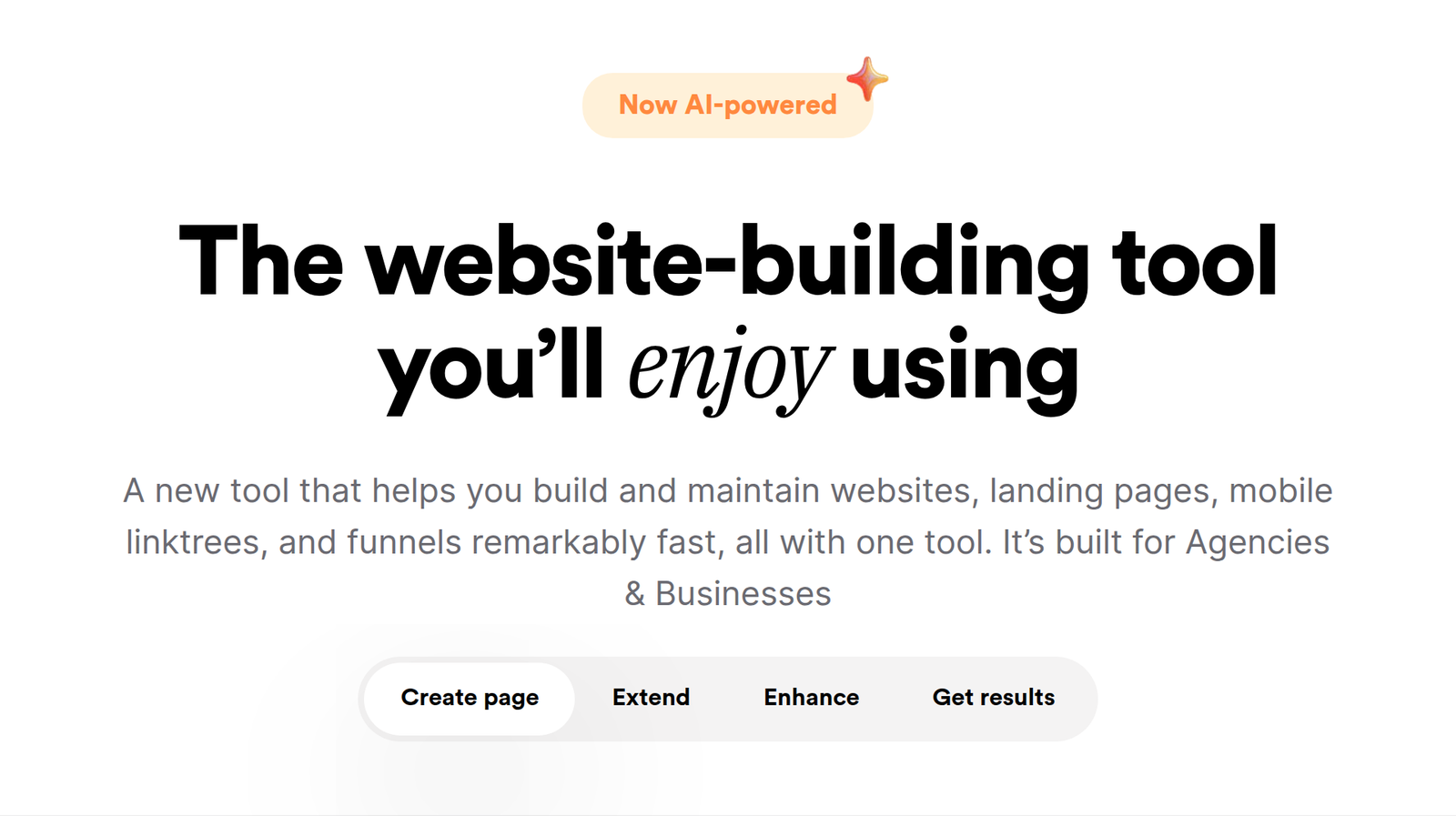 Onepage public homepage hero ("The website-building tool you'll enjoy using") naming websites, landing pages, mobile linktrees, and funnels from one tool