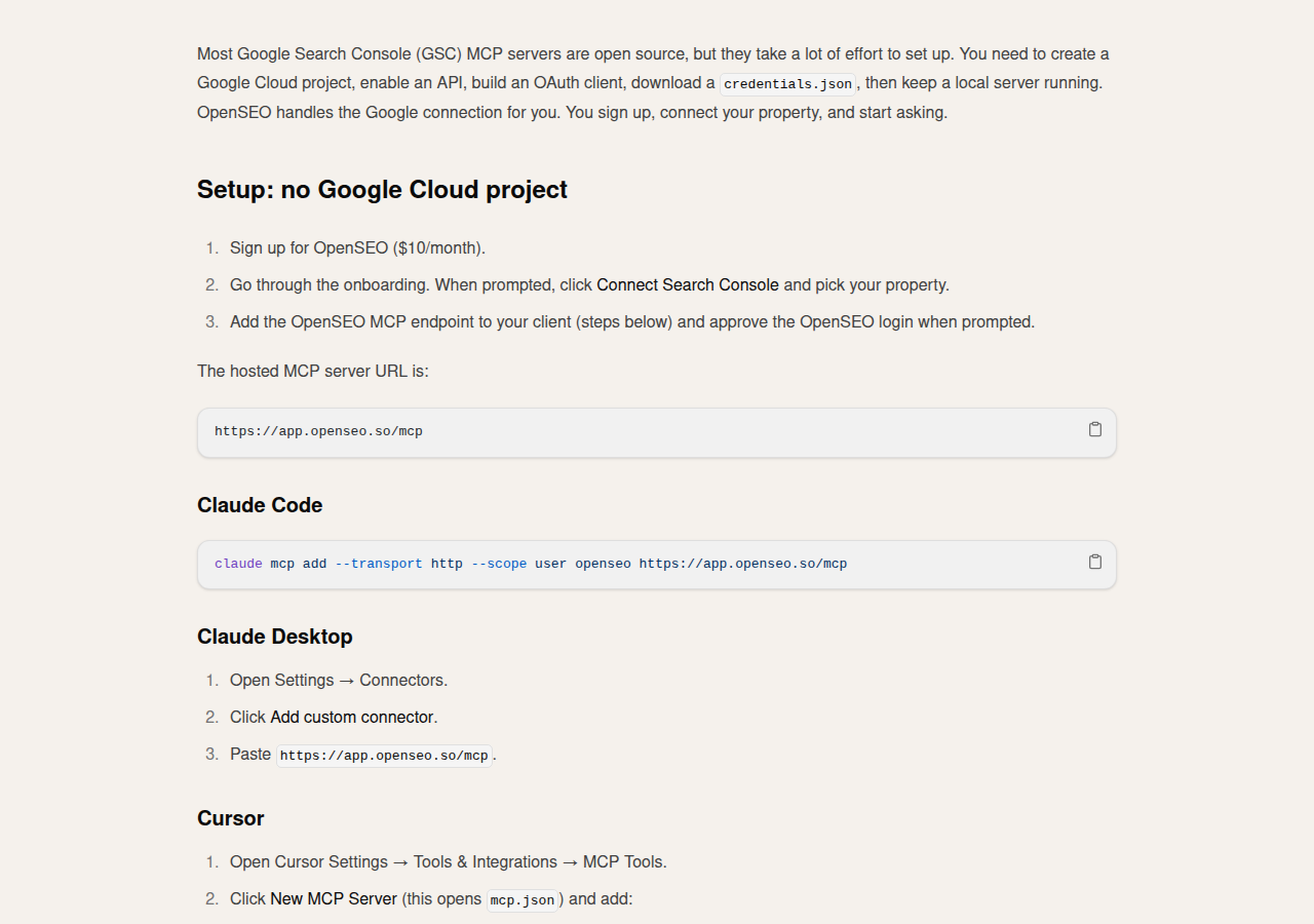 OpenSEO public Google Search Console MCP page showing "no Google Cloud project" setup steps, MCP endpoint, Claude Code / Codex / Cursor connection commands, and the read-only zero-credit tools