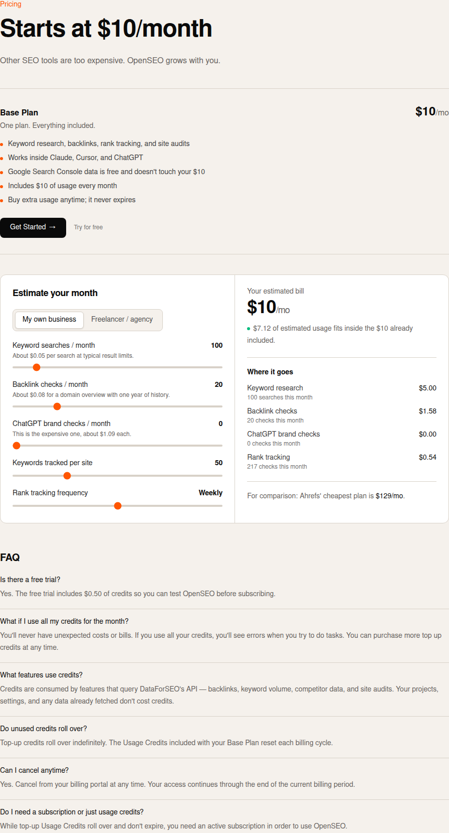OpenSEO public pricing section showing the $10/mo Base Plan card, "$10 includes $10 of usage", usage estimator sliders, and top-up FAQ