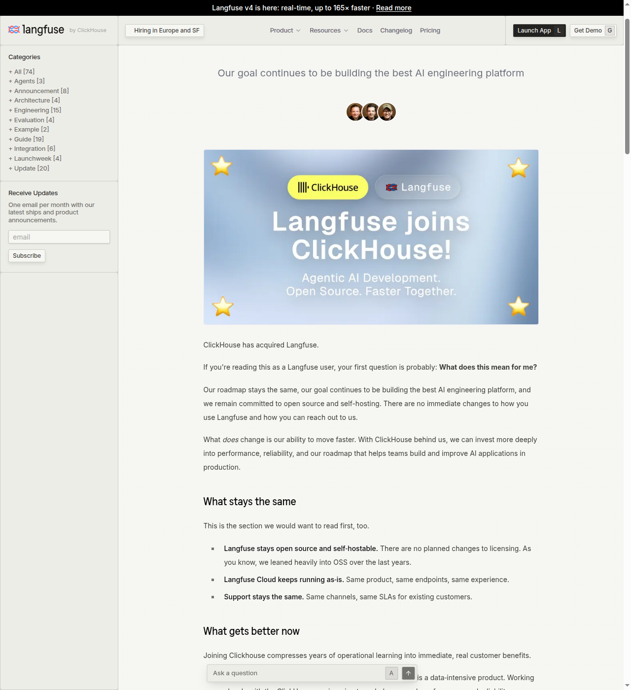 Langfuse's public blog post "Langfuse joins ClickHouse!" confirming "ClickHouse has acquired Langfuse."