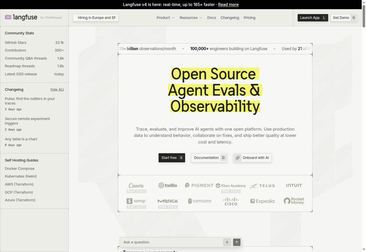 Langfuse homepage hero section showing open-source LLM observability positioning and tracing visualization