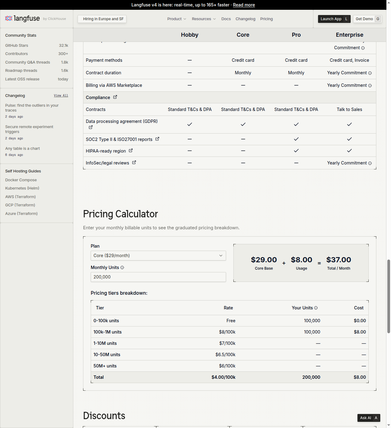 Langfuse pricing calculator showing the graduated overage tier breakdown