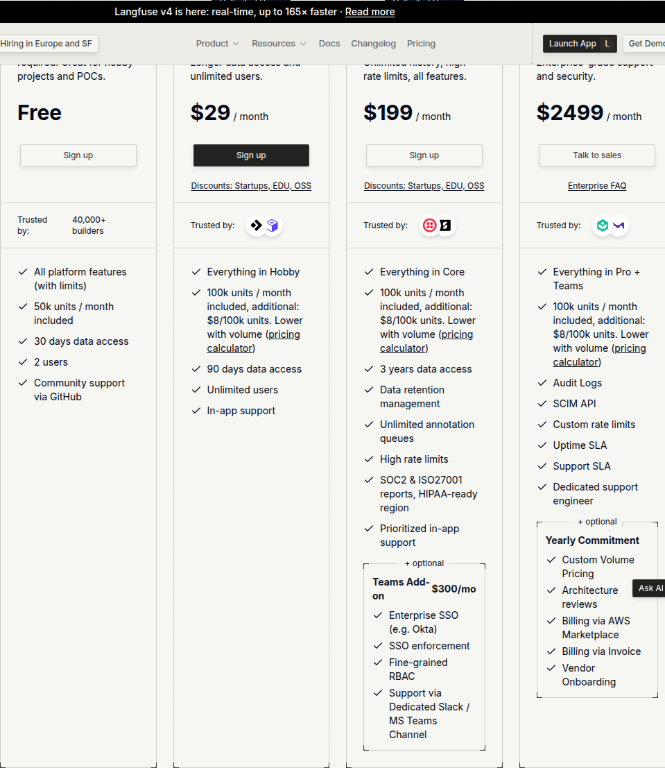 Langfuse pricing page showing Hobby, Core, Pro, and Enterprise tiers with unit-based pricing and graduated overage rates