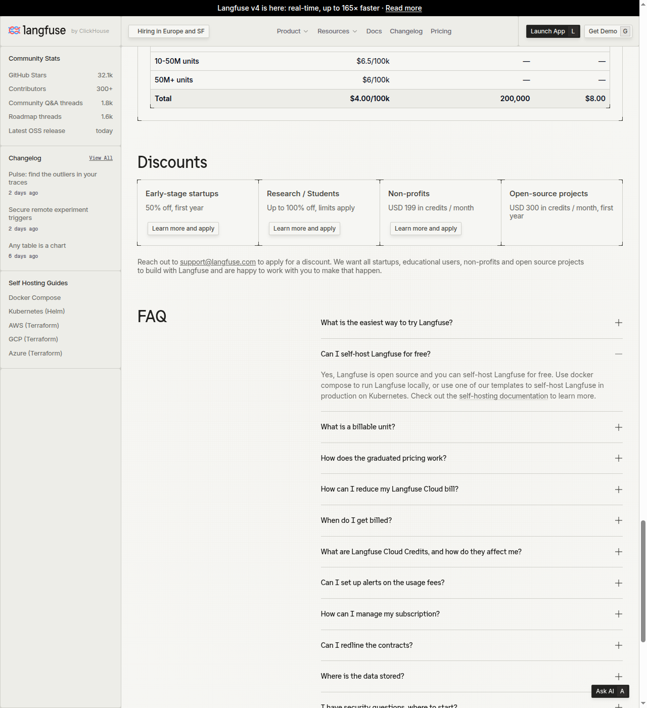 Langfuse pricing FAQ, "Can I self-host Langfuse for free?" expanded, confirming free self-hosting via Docker Compose or Kubernetes