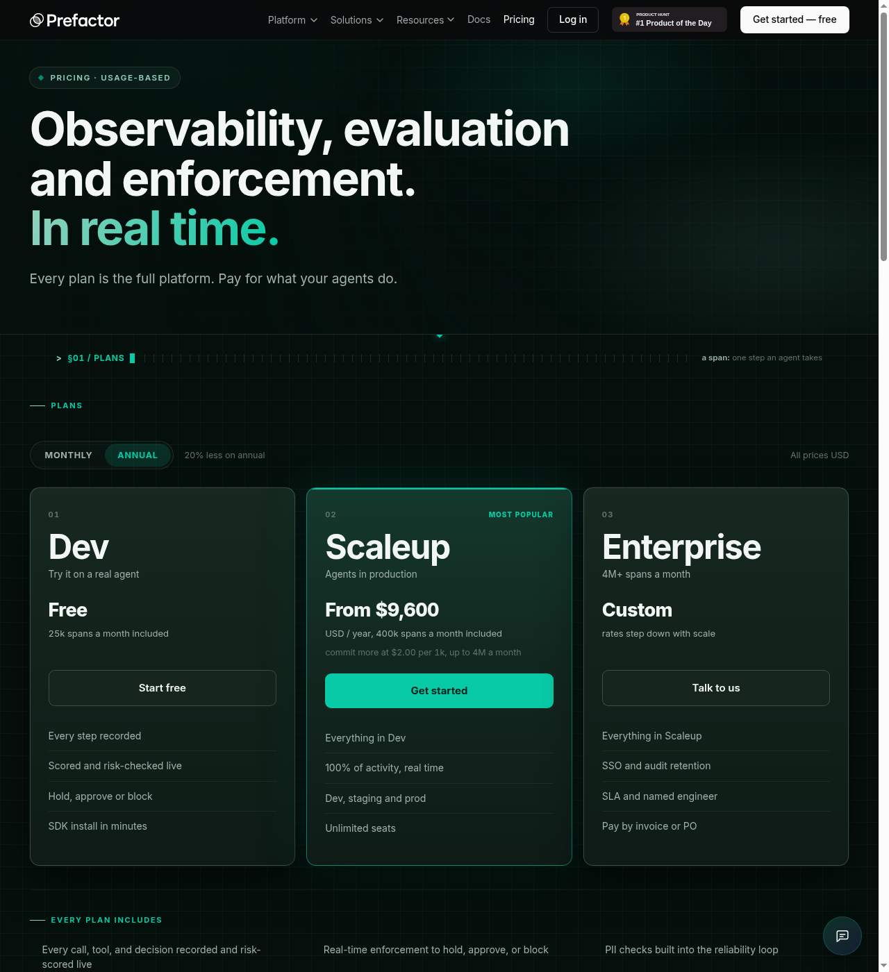 Prefactor pricing page with the Annual toggle selected, showing the Scaleup plan at $9,600/year with 400,000 spans included