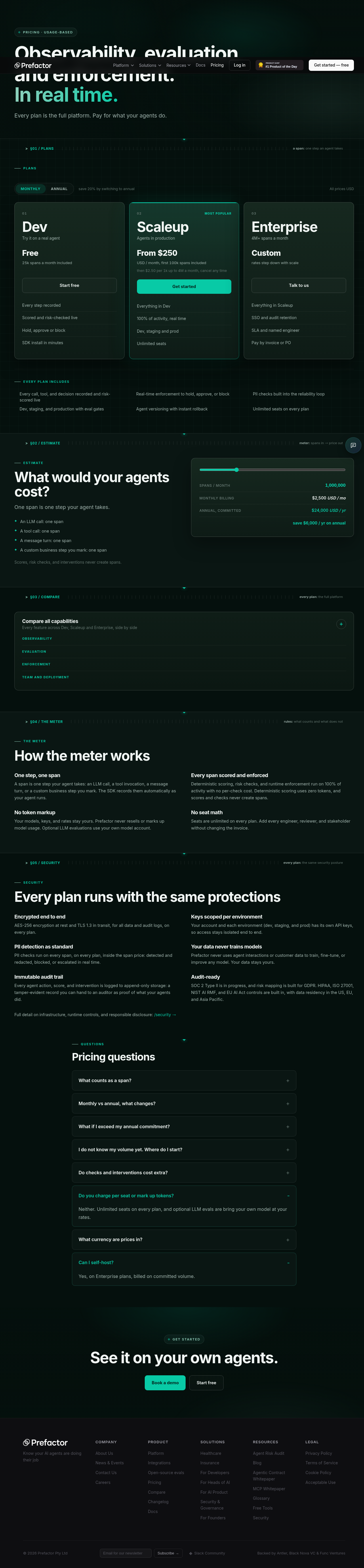 Prefactor pricing page security section showing no token markup, immutable audit trail, and data residency in the US, EU, and Asia Pacific