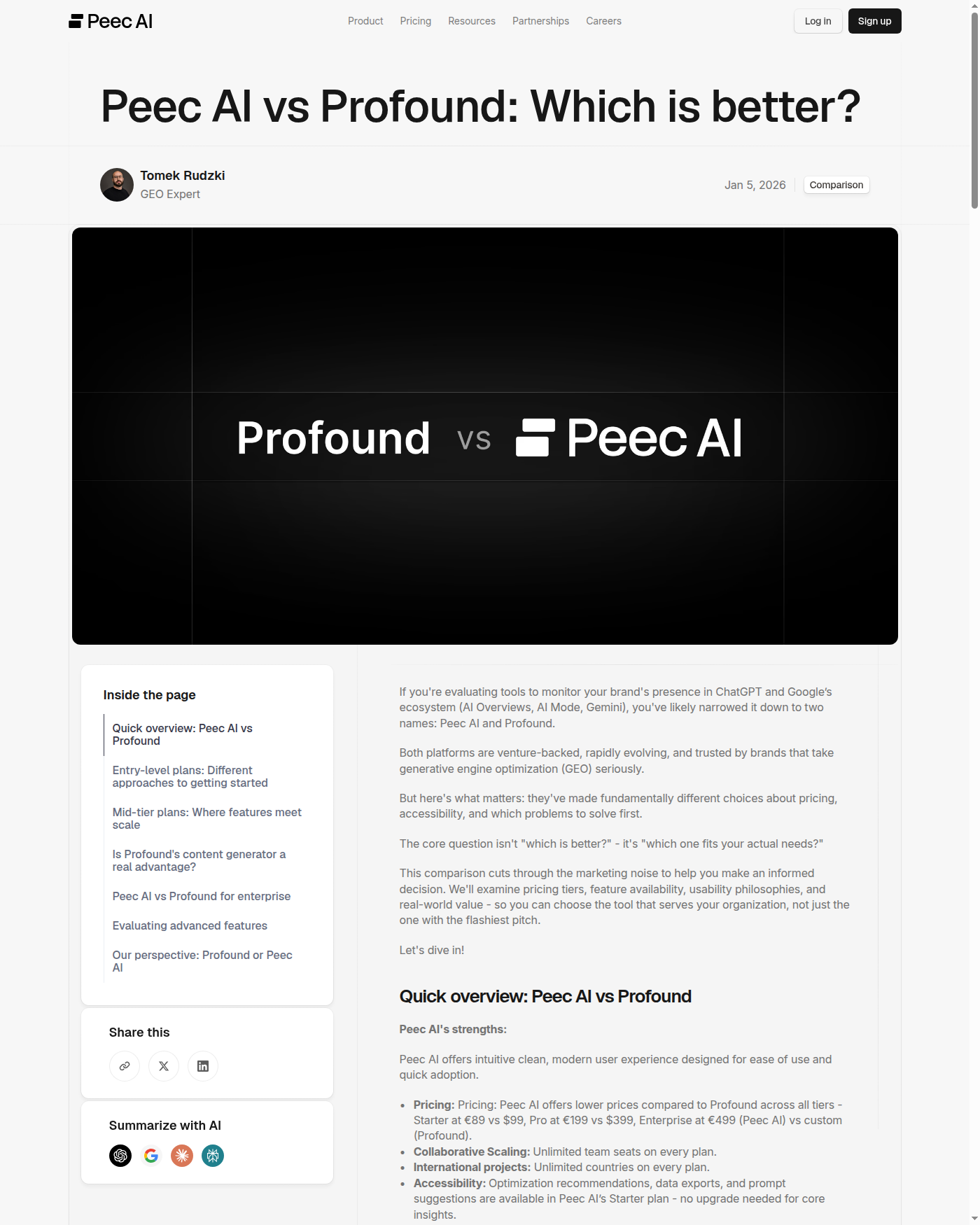 Peec's public "Peec AI vs Profound" comparison page header and quick-overview section
