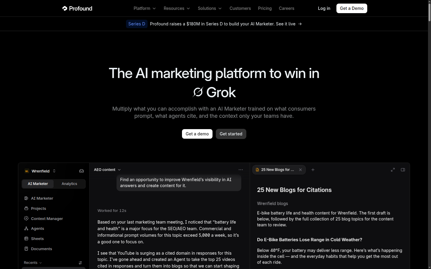 Profound public homepage hero showing the "AI marketing platform to win in AI search platforms" headline and the AI Marketer value proposition