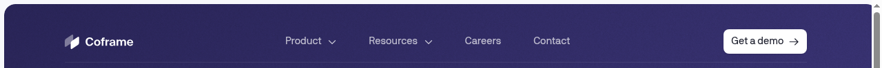 Coframe's public nav bar showing no Pricing link, only "Get a demo"