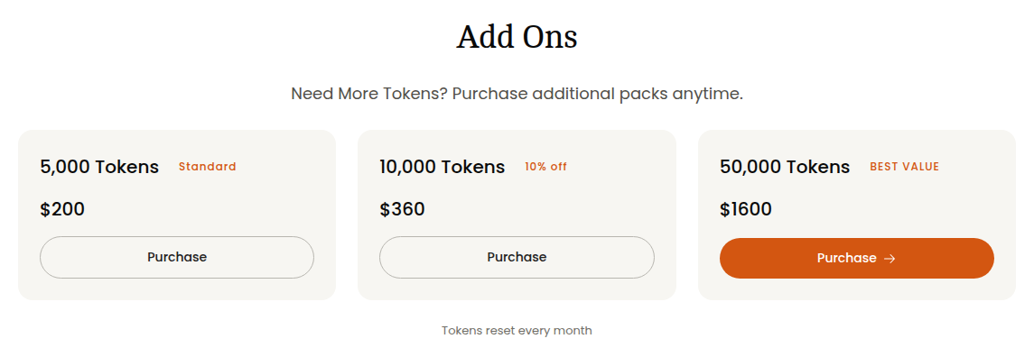 Robynn AI's Add Ons section showing the three token pack prices