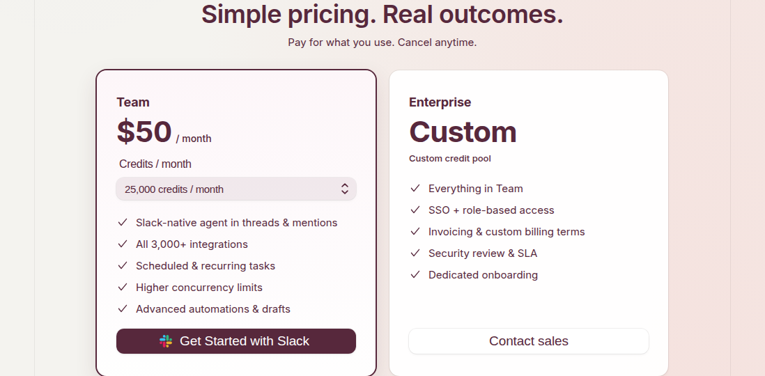 Scarlett pricing table showing Team plan at $50/month with 25,000 credits and Enterprise custom plan