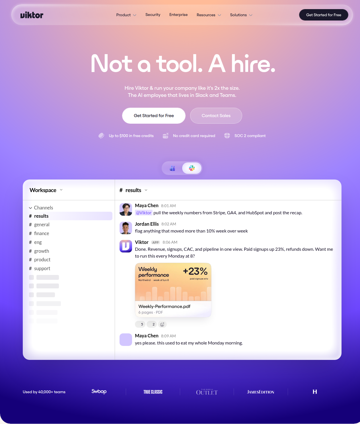 Viktor homepage hero section showing its "Not a tool. A hire." value proposition