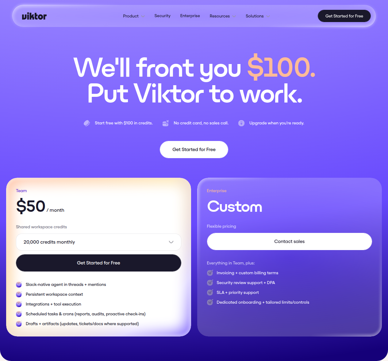 Viktor pricing table showing Free, Team, and Enterprise tiers with credit allocations