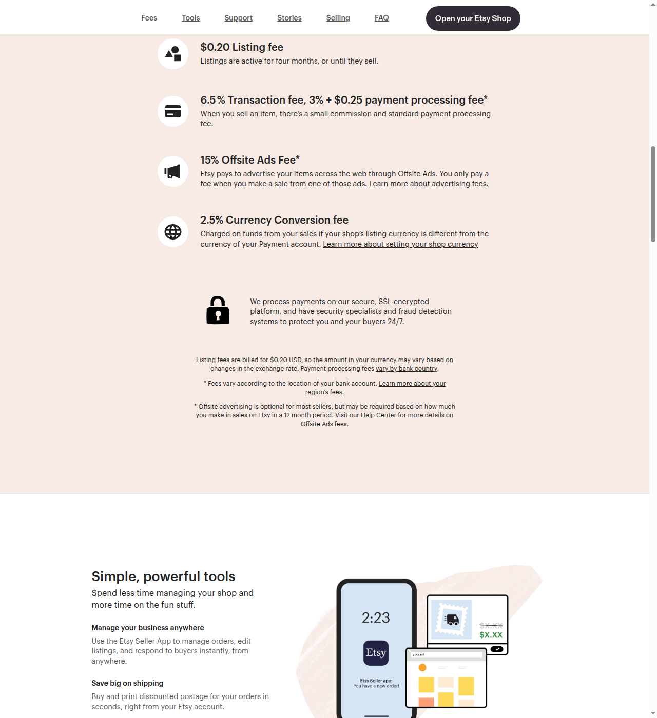 Etsy seller fee breakdown showing transaction fee, listing fee, payment processing, and Offsite Ads rates