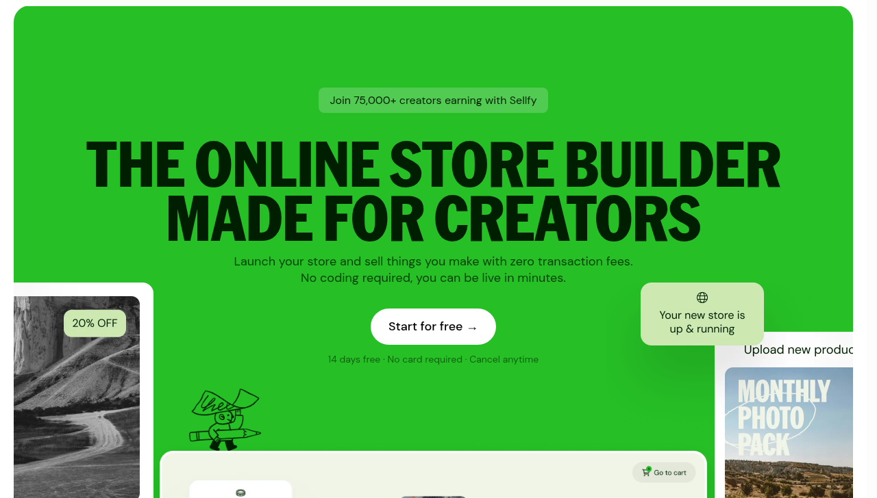 Sellfy features highlighting 0% transaction fees, print-on-demand, and built-in marketing