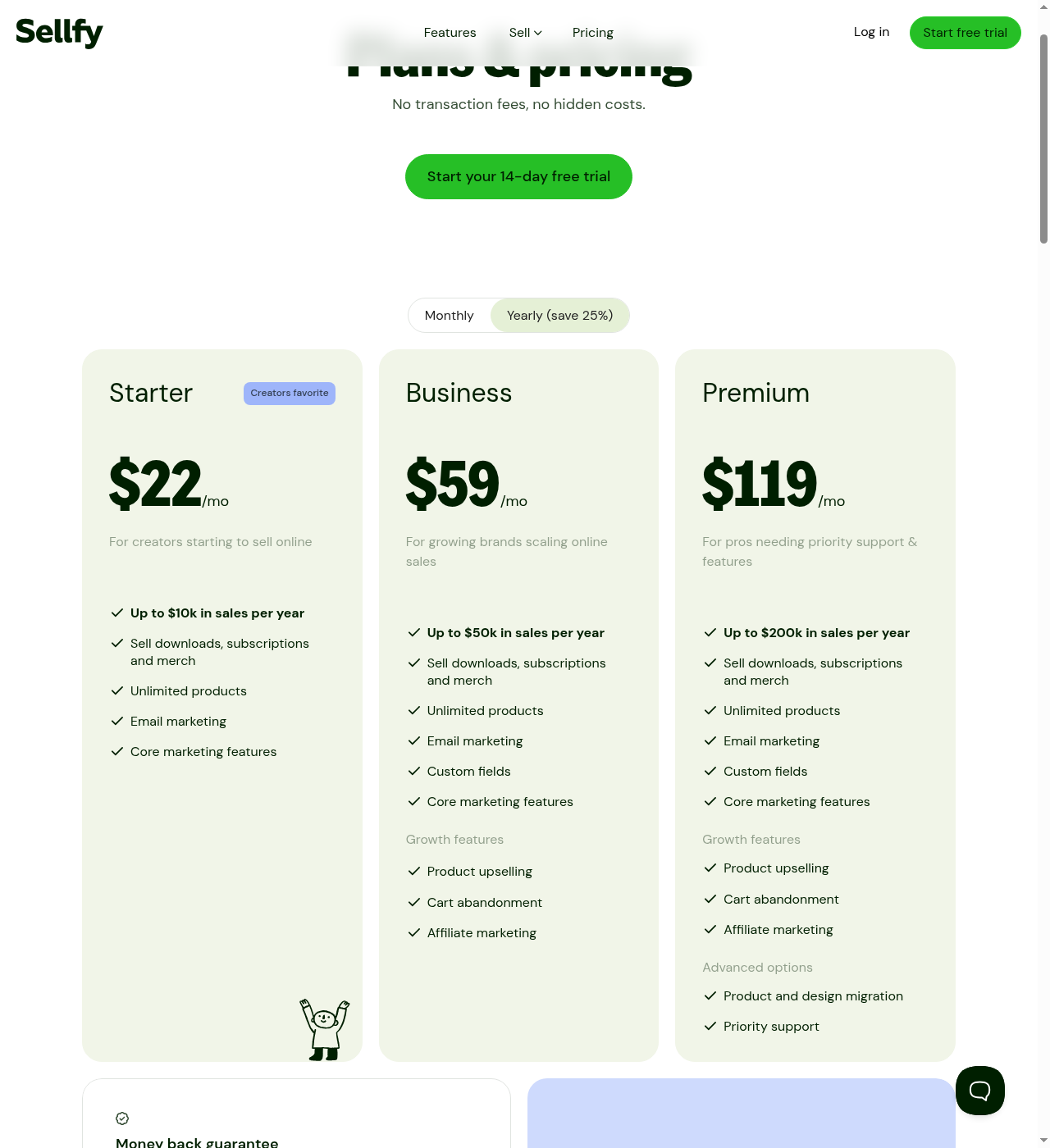 Sellfy pricing page showing Starter, Business, and Premium plans with annual billing and sales caps