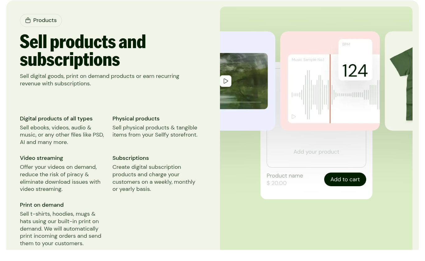Sellfy features page showing product types: digital products, print on demand, physical products, and subscriptions