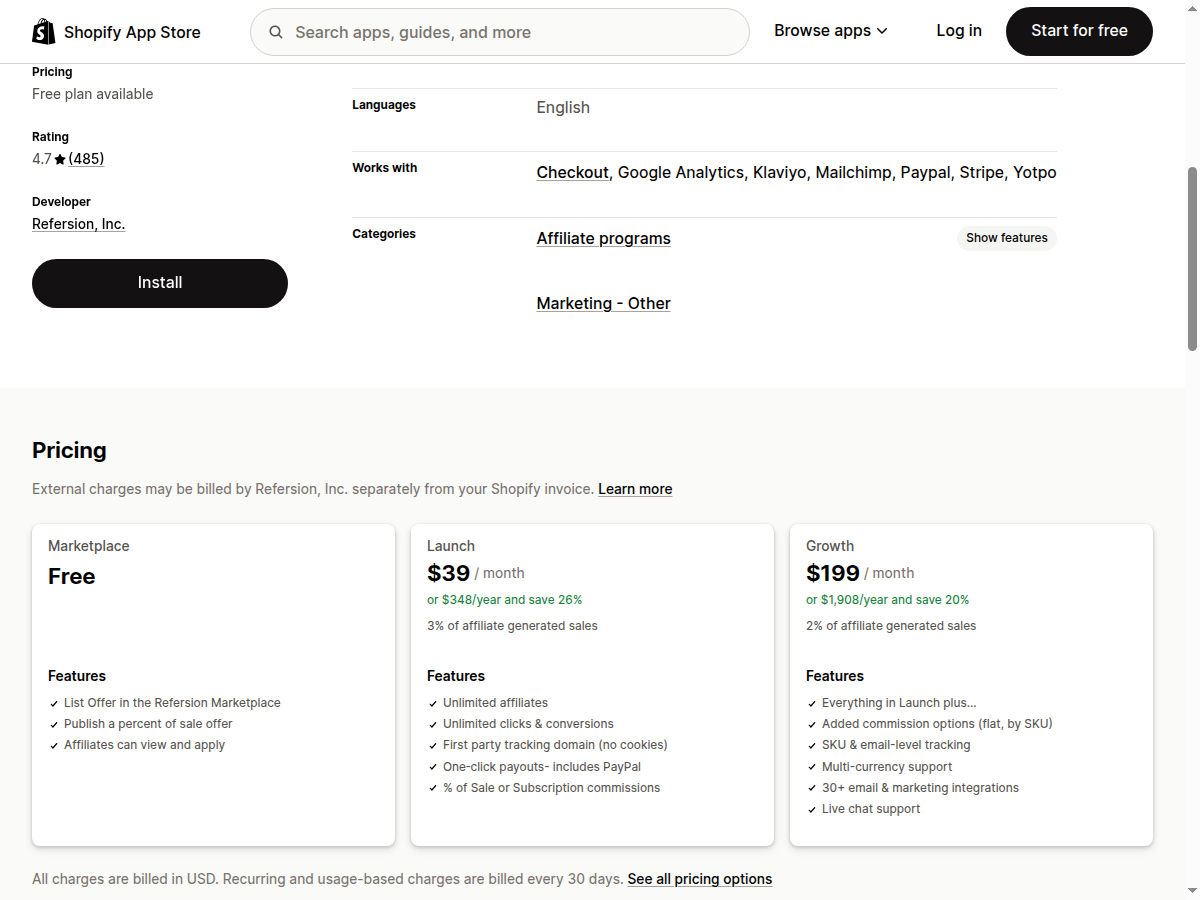 Shopify's Refersion affiliate app pricing showing the $39/mo Launch plan plus 3% of affiliate sales