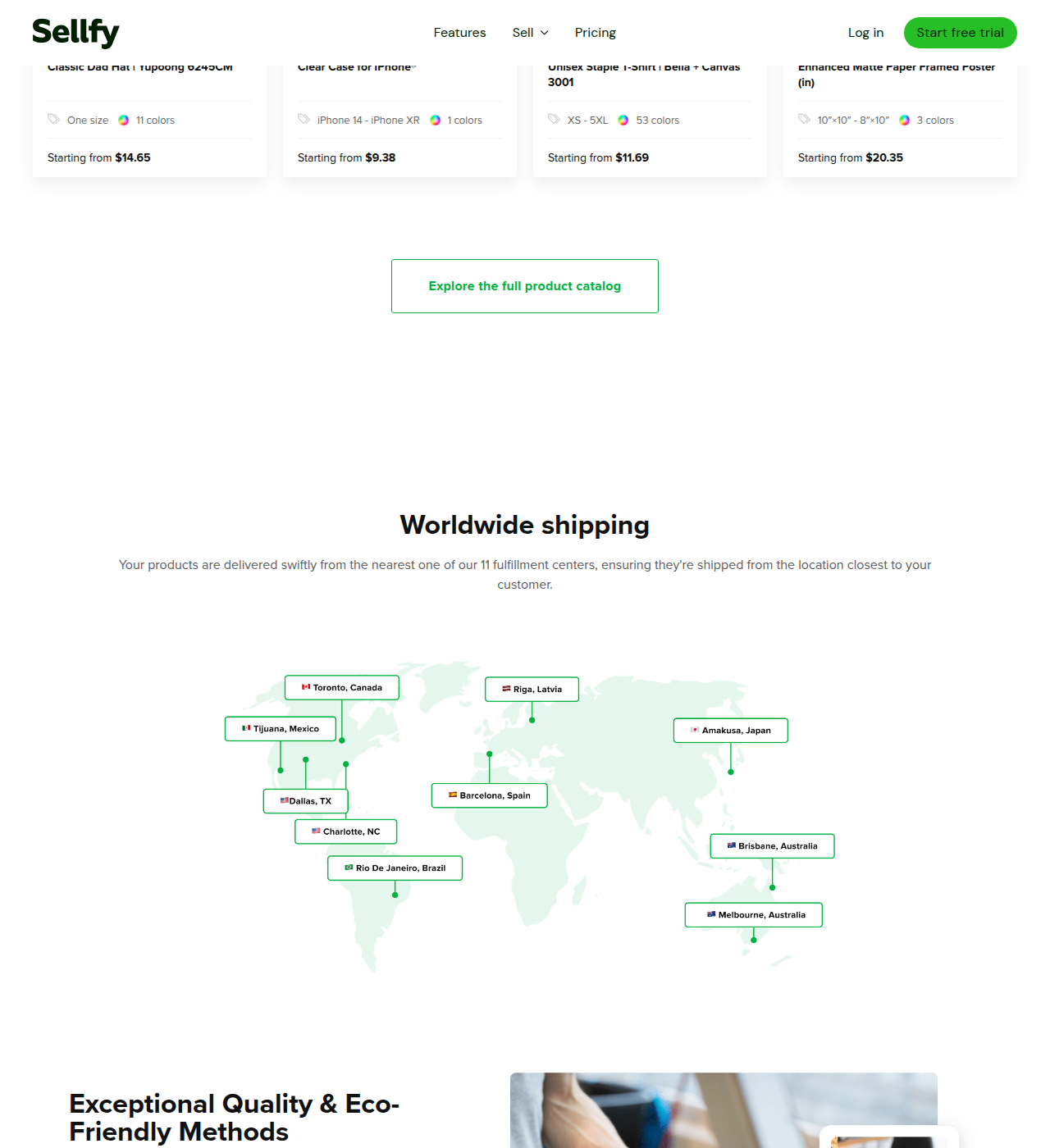 Sellfy's worldwide shipping map noting products ship from the nearest of 11 fulfillment centers
