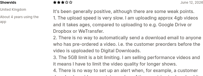 Review of Shopify's Digital Downloads app noting the 5GB upload limit is restrictive for video