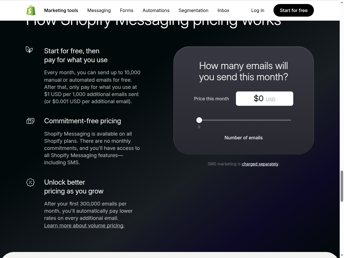 Shopify Email pricing: 10,000 free emails per month, then $1 per 1,000 additional