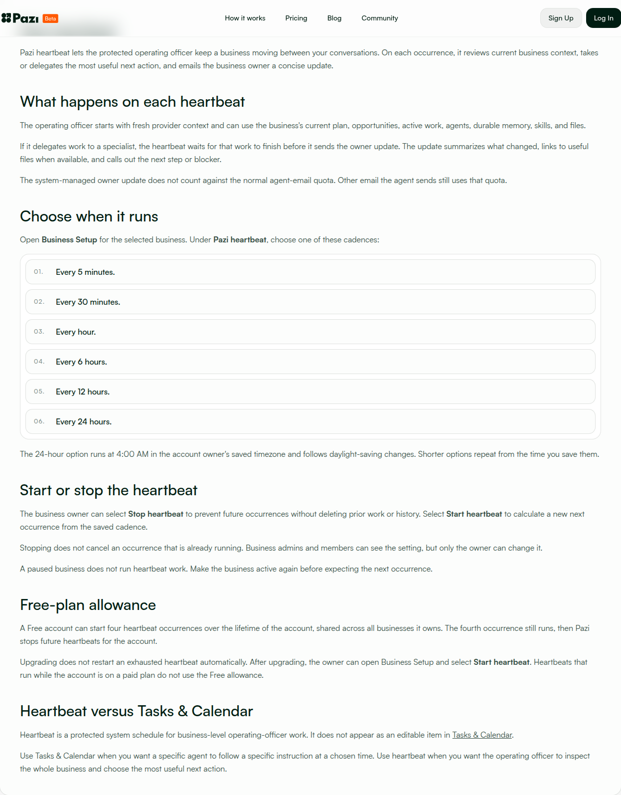Pazi's docs page explaining heartbeat scheduling, cadence options including the 4:00 AM daily run, and how the operating officer delegates to specialist agents