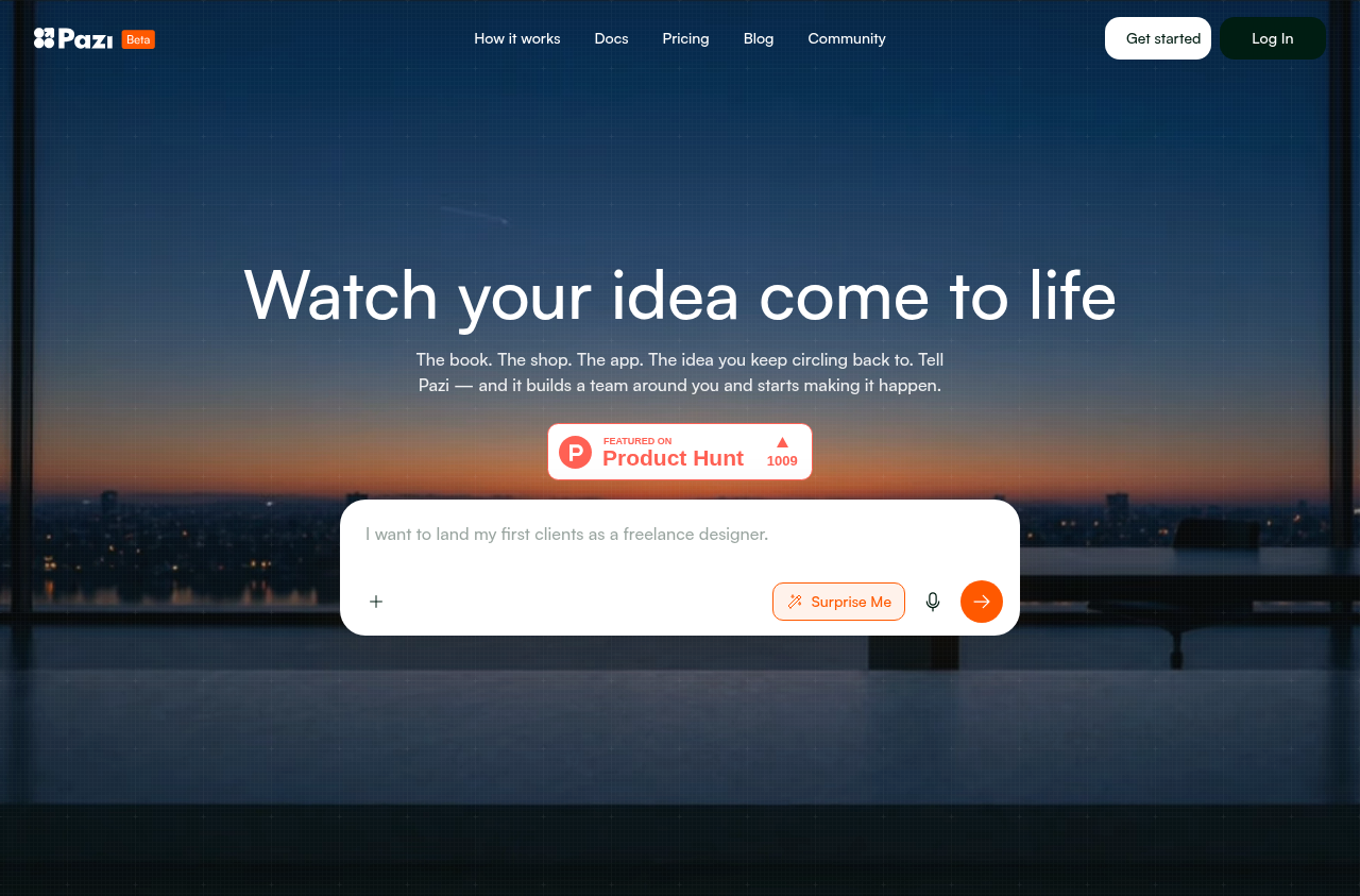 Pazi's landing page hero: "Watch your idea come to life" with the AI-agents positioning