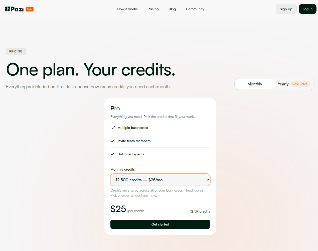 Pazi's pricing page showing "One plan. Your credits." with credit tiers from $25/mo for 12,500 credits up to $500/mo for 250,000 credits