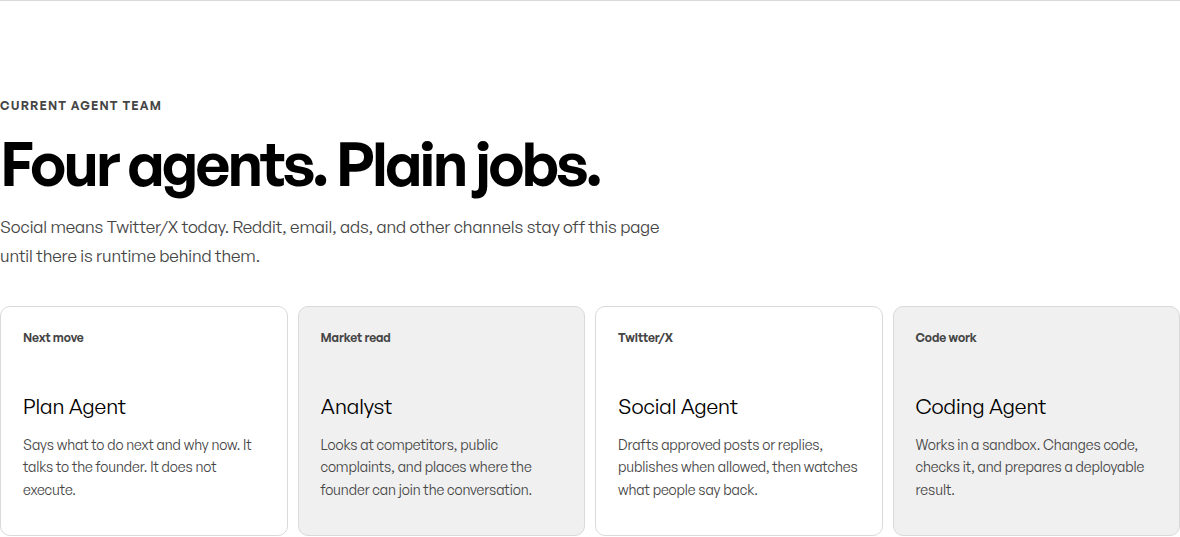 Soloop's about page showing the four shipped agents and the approval-first loop: "One next move. One reason. One card."