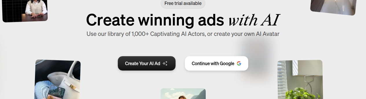 Arcads public homepage hero at arcads.ai showing "Create winning ads with AI" and the 1,000+ AI Actors claim