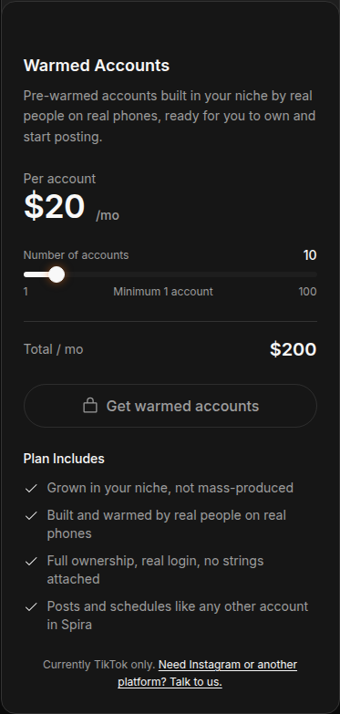 Spira AI warmed accounts page at spira.ai/dashboard/warmed-accounts showing the $20/mo per-account TikTok offer and the hosted service