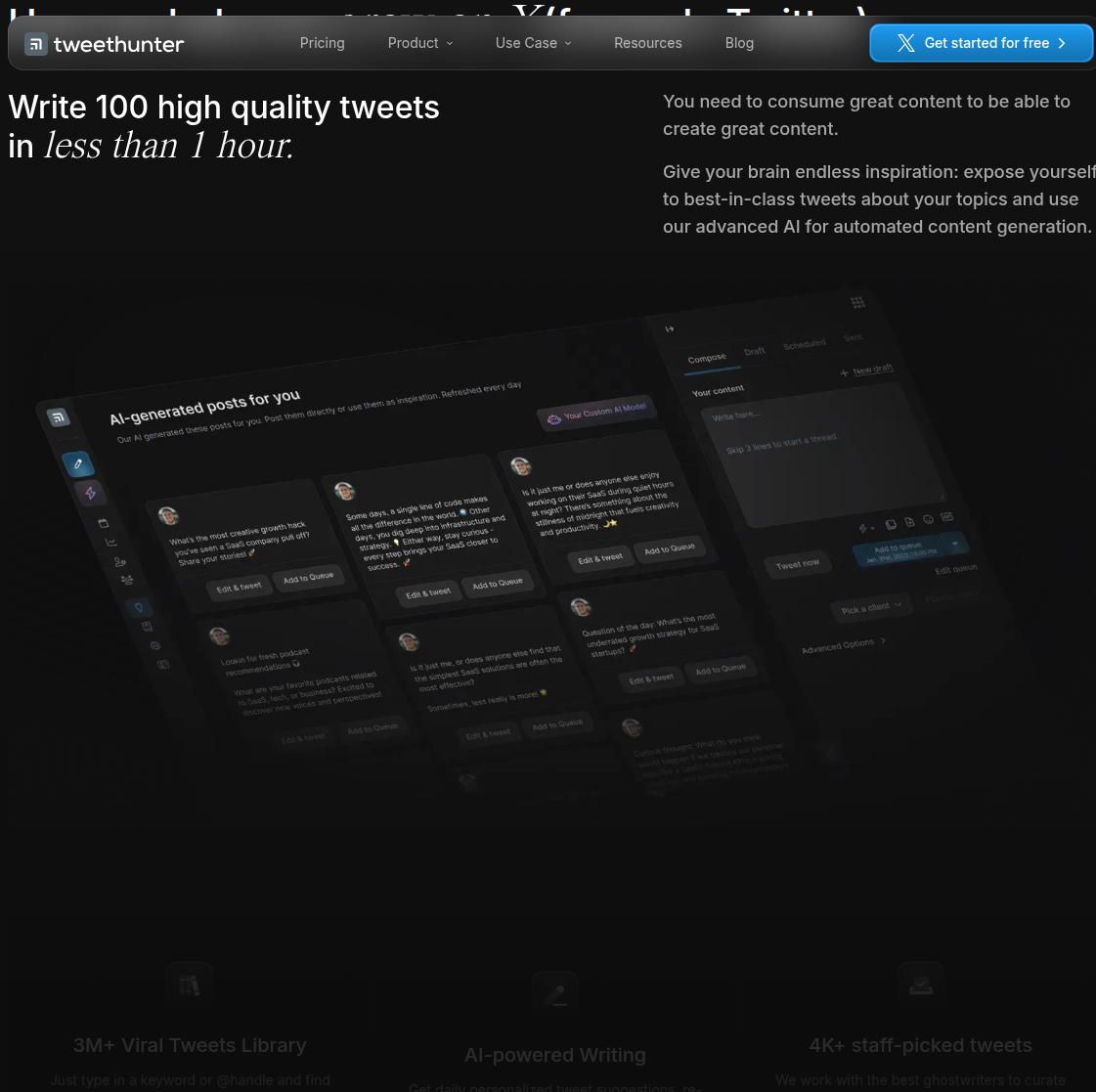 Tweet Hunter feature highlight - the viral library or AI writing section