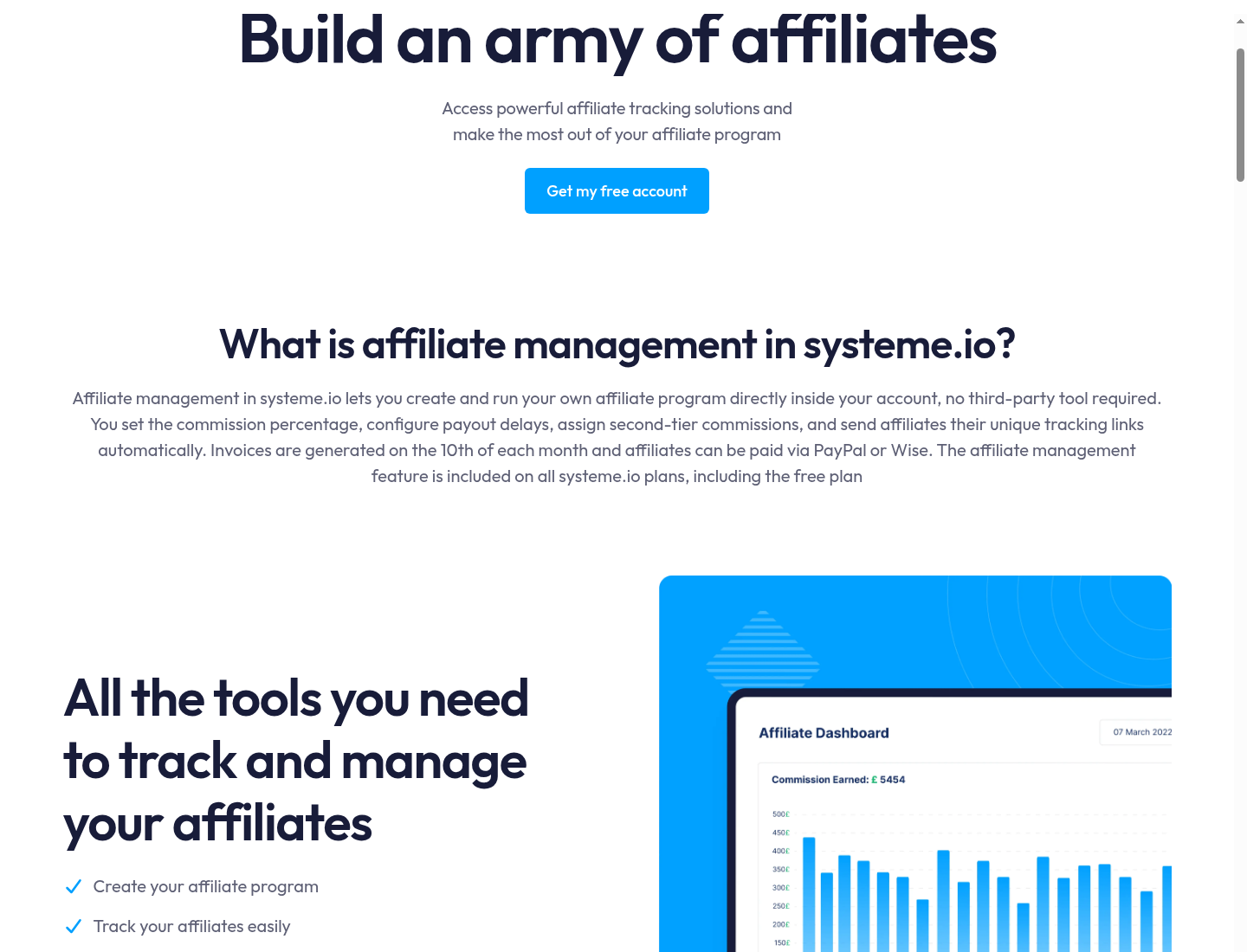 Systeme.io feature page section highlighting affiliate management and all-in-one tools