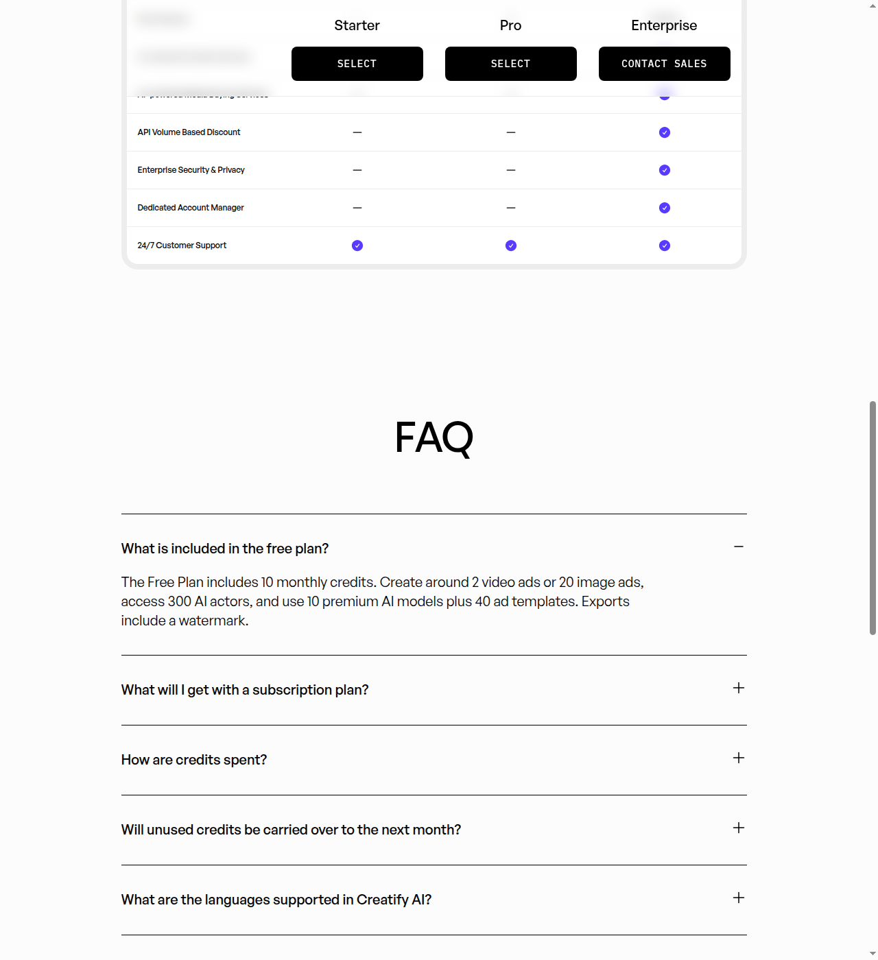 Creatify pricing page FAQ, expanded, confirming the Free plan's 10 monthly credits and watermark