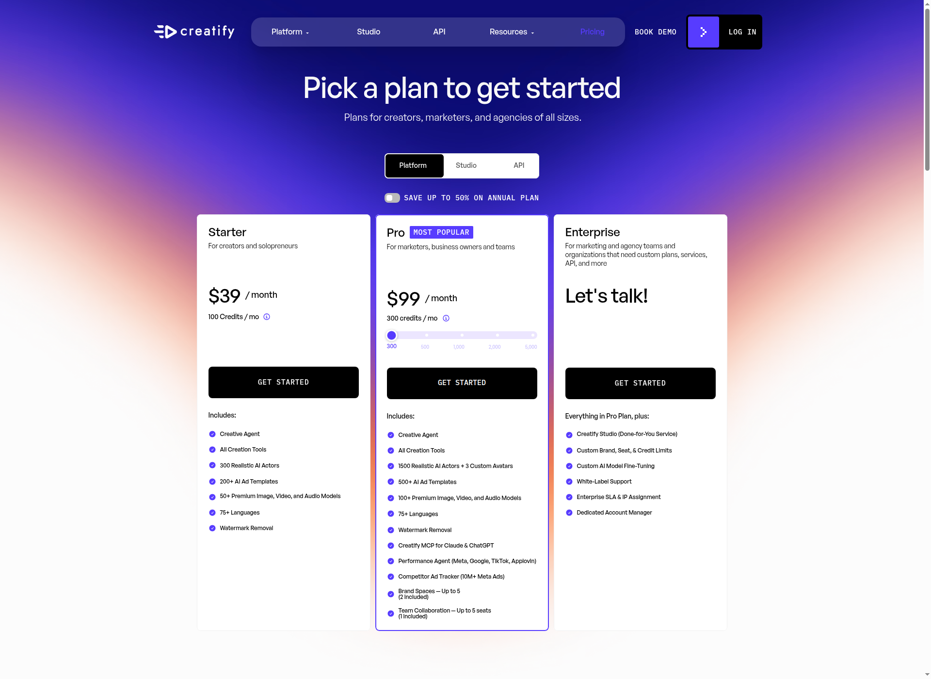 Creatify public pricing page showing the Starter ($39), Pro ($99), and Enterprise ("Let's talk!") plans with the annual-discount banner
