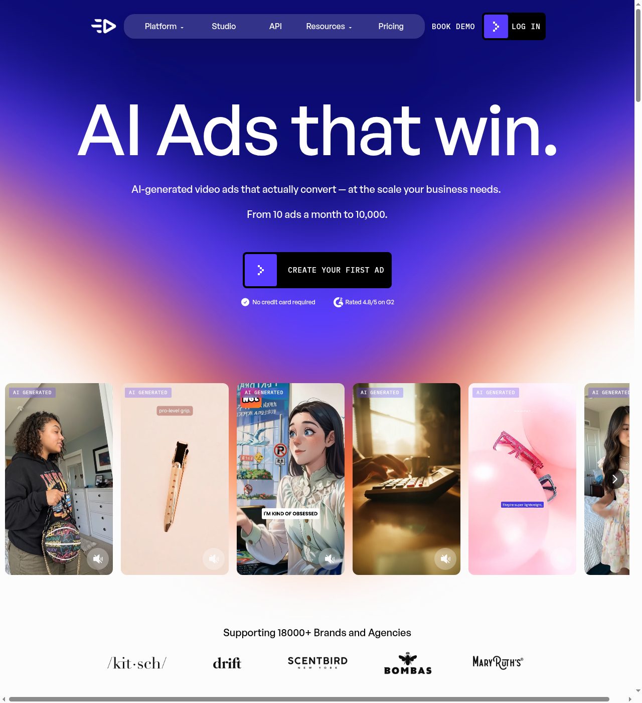 Creatify homepage confirming the 4.8/5 G2 rating and "Supporting 18000+ Brands and Agencies"