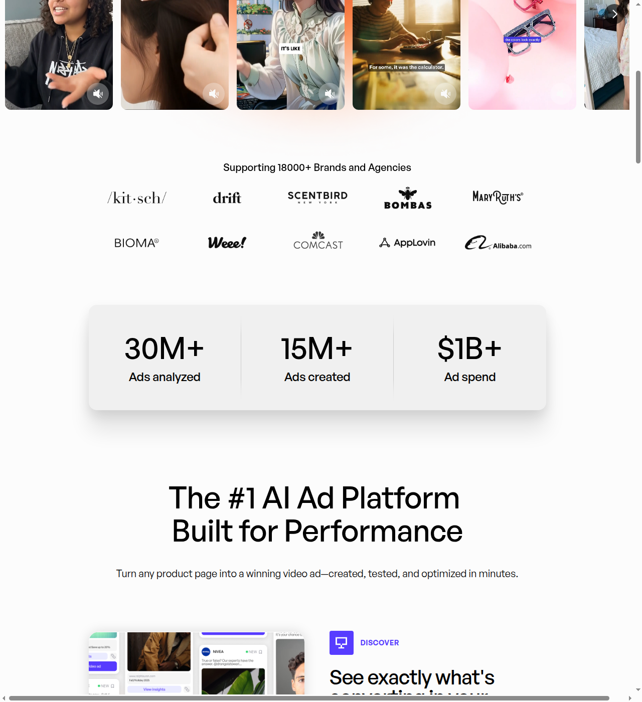 Creatify homepage stat bar: 30M+ Ads analyzed, 15M+ Ads created, $1B+ Ad spend