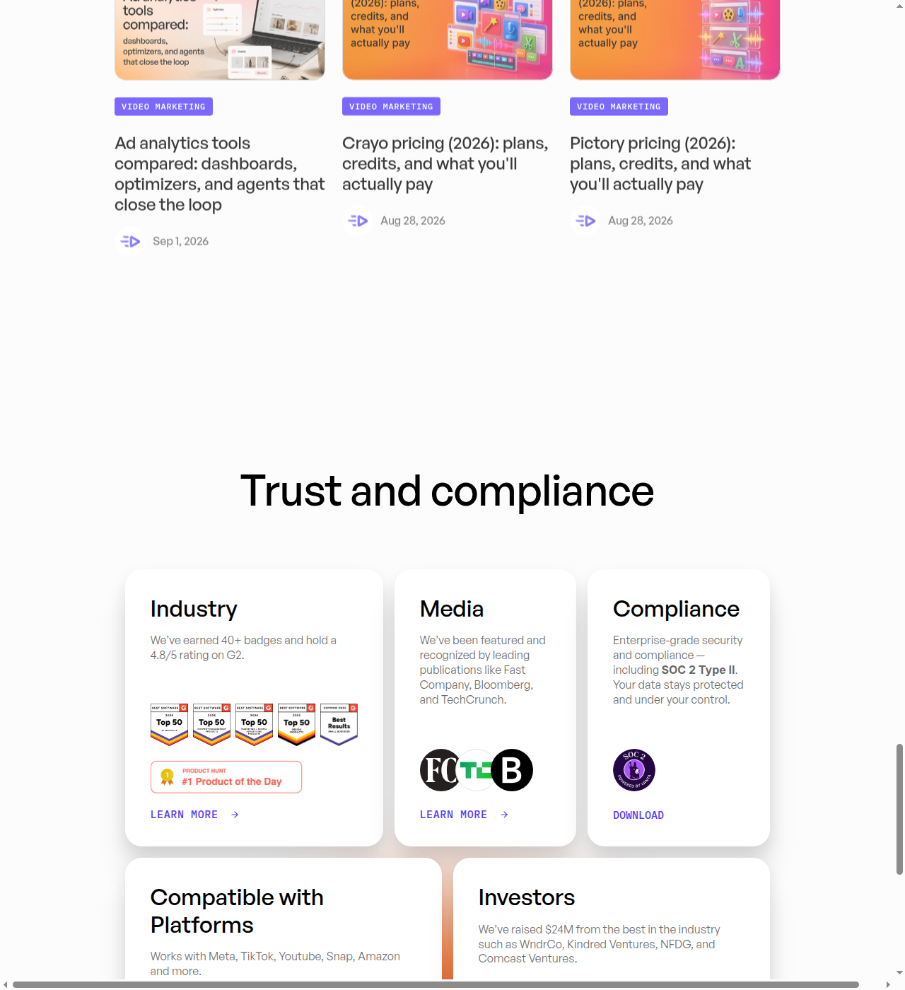 Creatify's Trust and compliance section confirming the 4.8/5 G2 rating and SOC 2 Type II compliance
