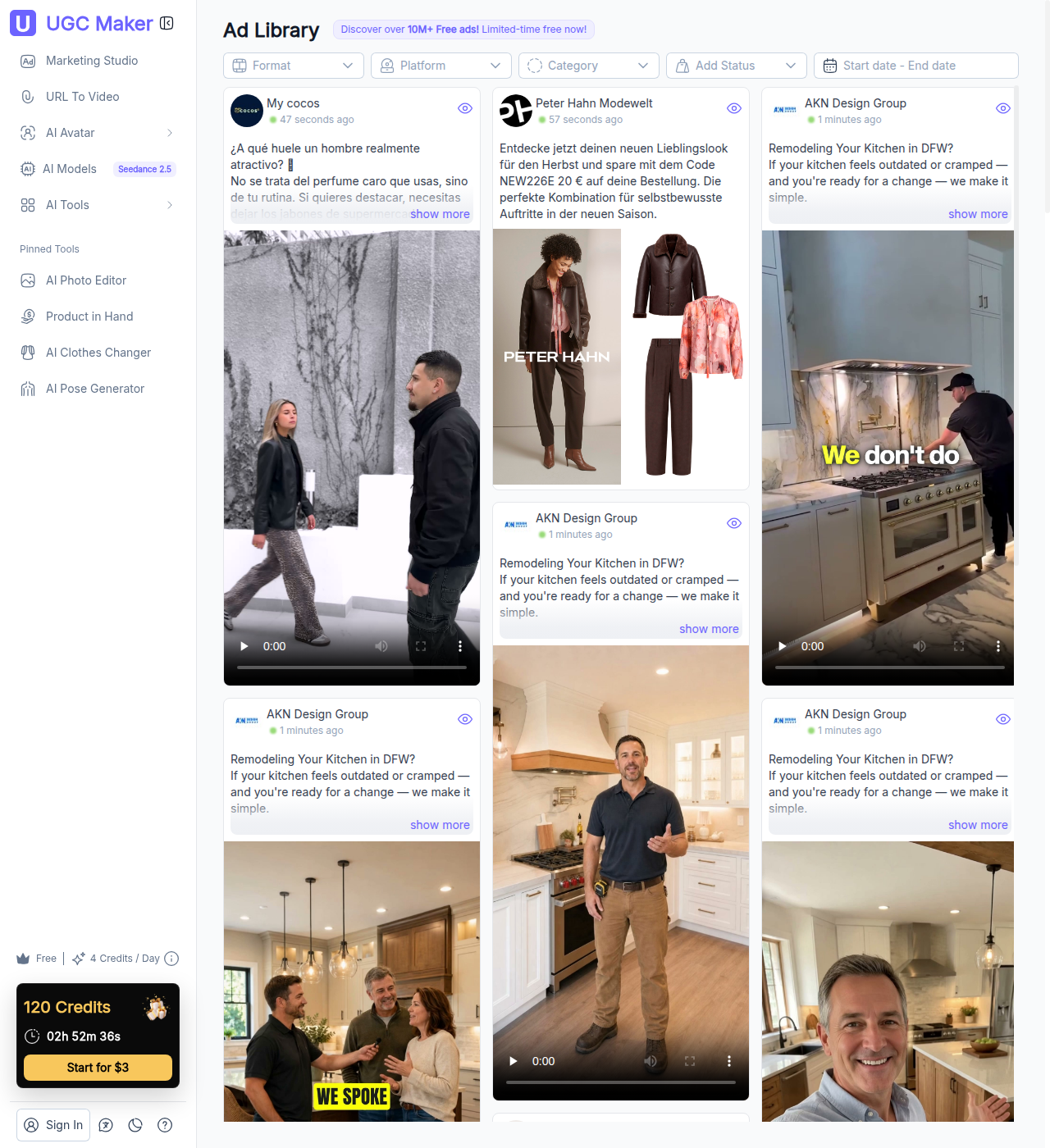 UGC Maker's public Ad Library page, browsable with no sign-up, showing the 10M+ ads claim