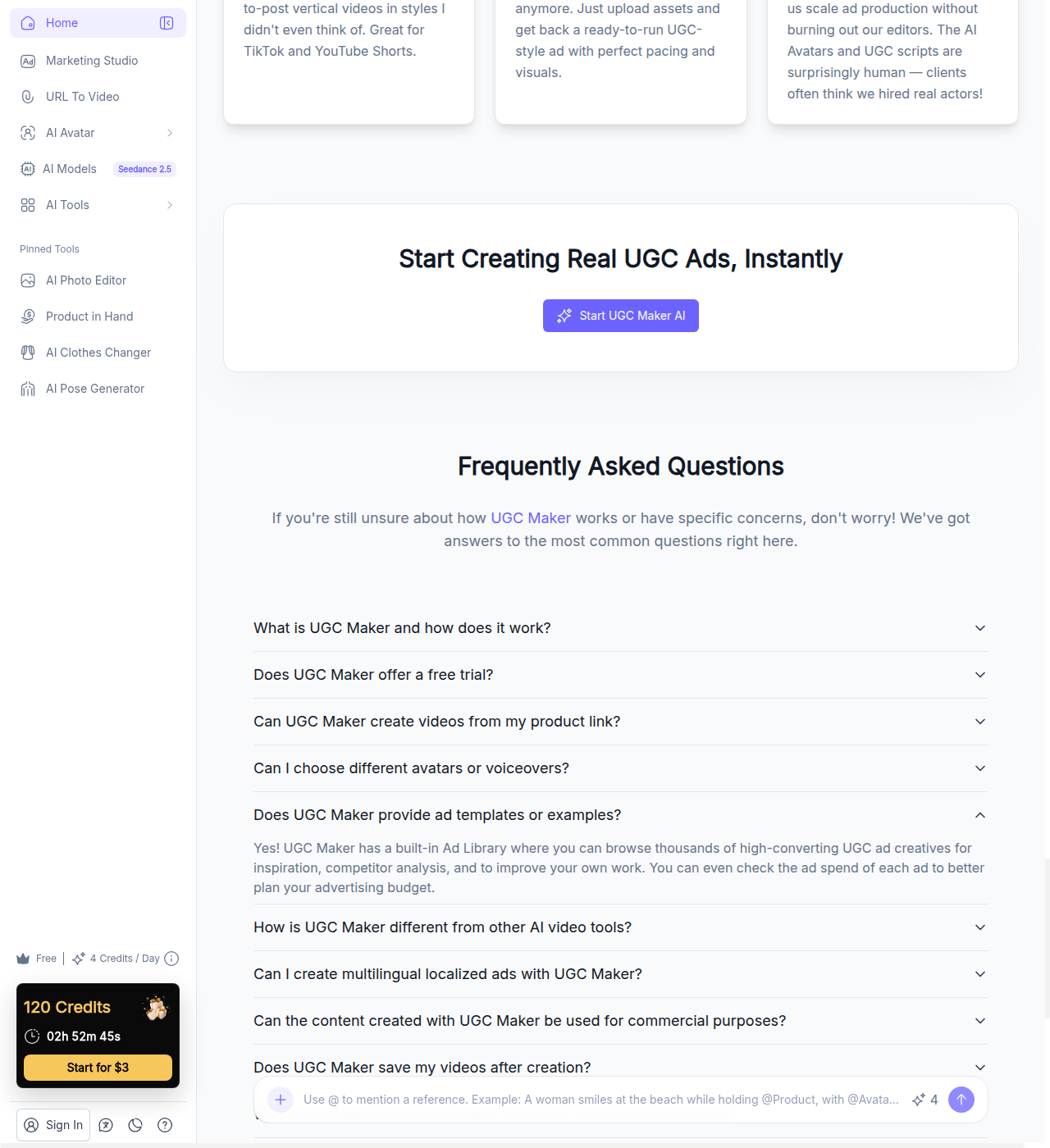 UGC Maker homepage FAQ answer claiming you can check the ad spend of each ad in the library