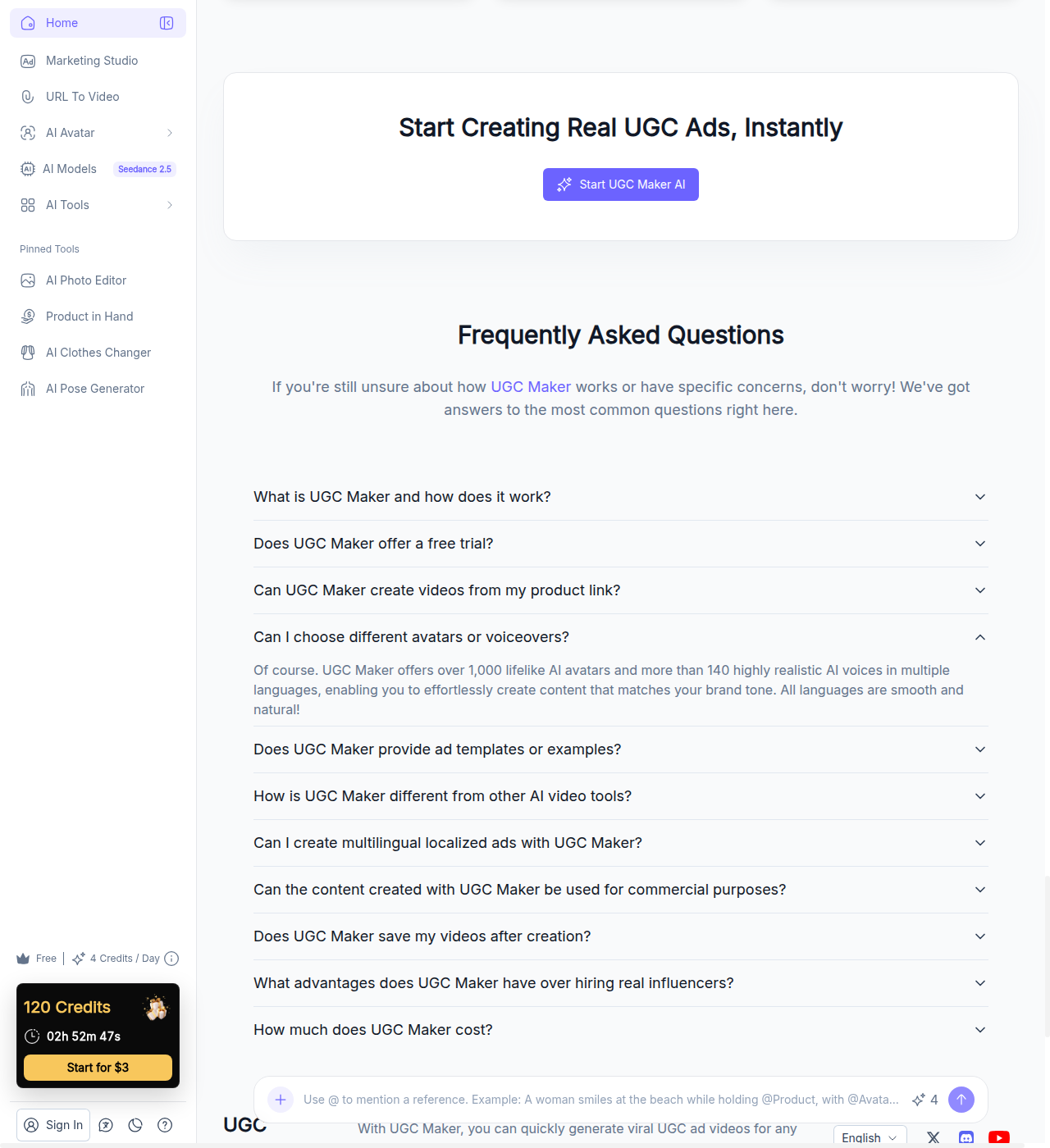UGC Maker homepage FAQ answer confirming 1,000+ AI avatars and 140+ voices