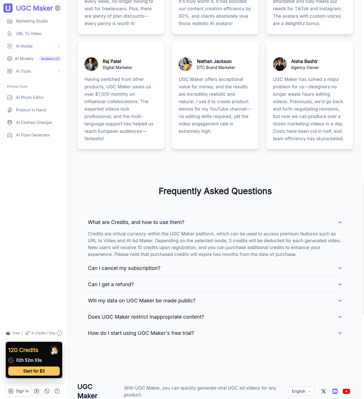 UGC Maker pricing page FAQ, expanded, confirming the two-month credit expiry