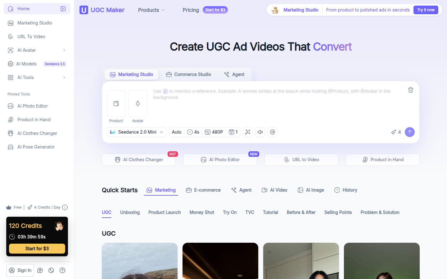 UGC Maker public homepage at ugcmaker.io showing the hero value proposition and primary call-to-action