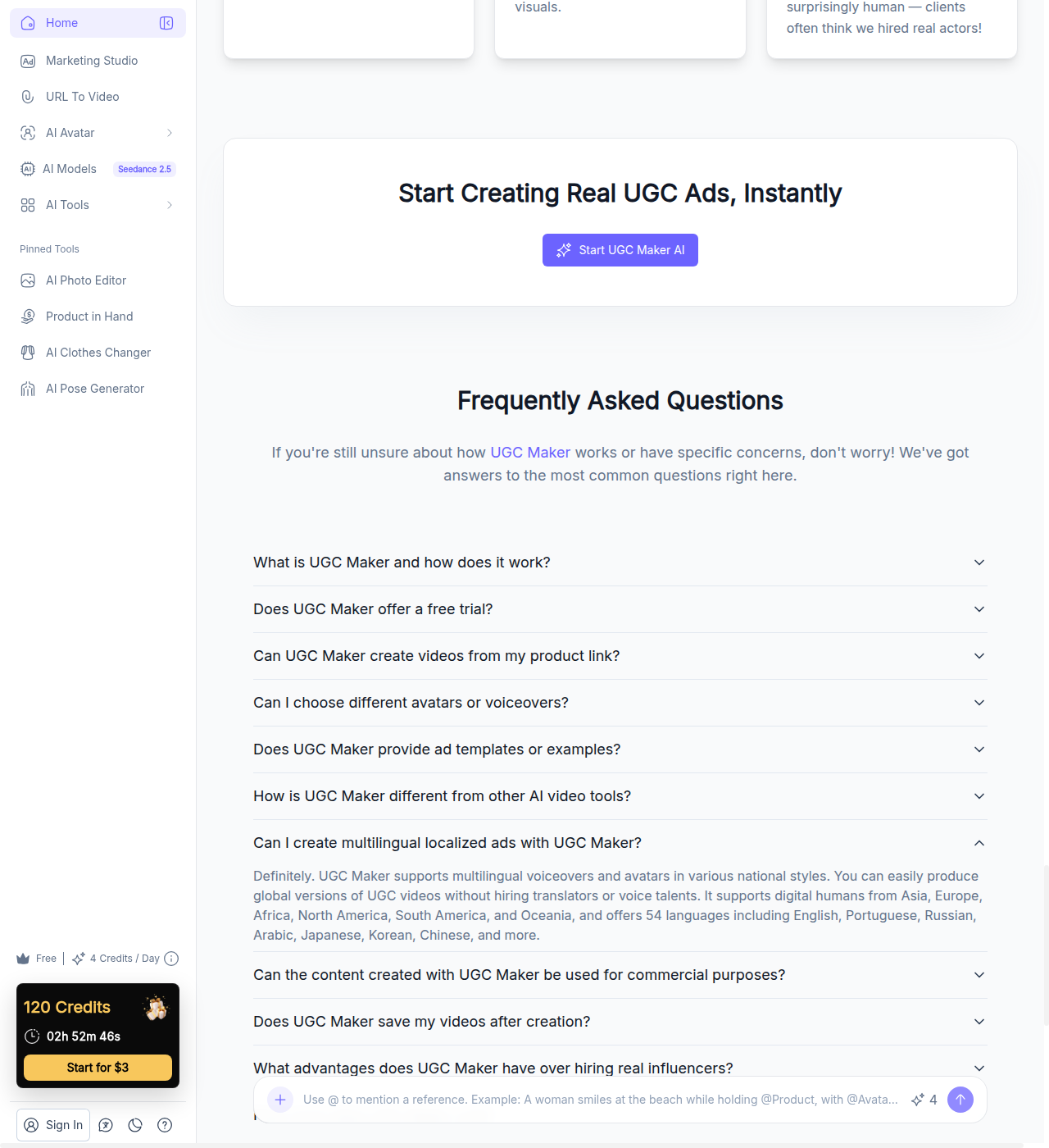 UGC Maker homepage FAQ answer confirming 54 supported languages
