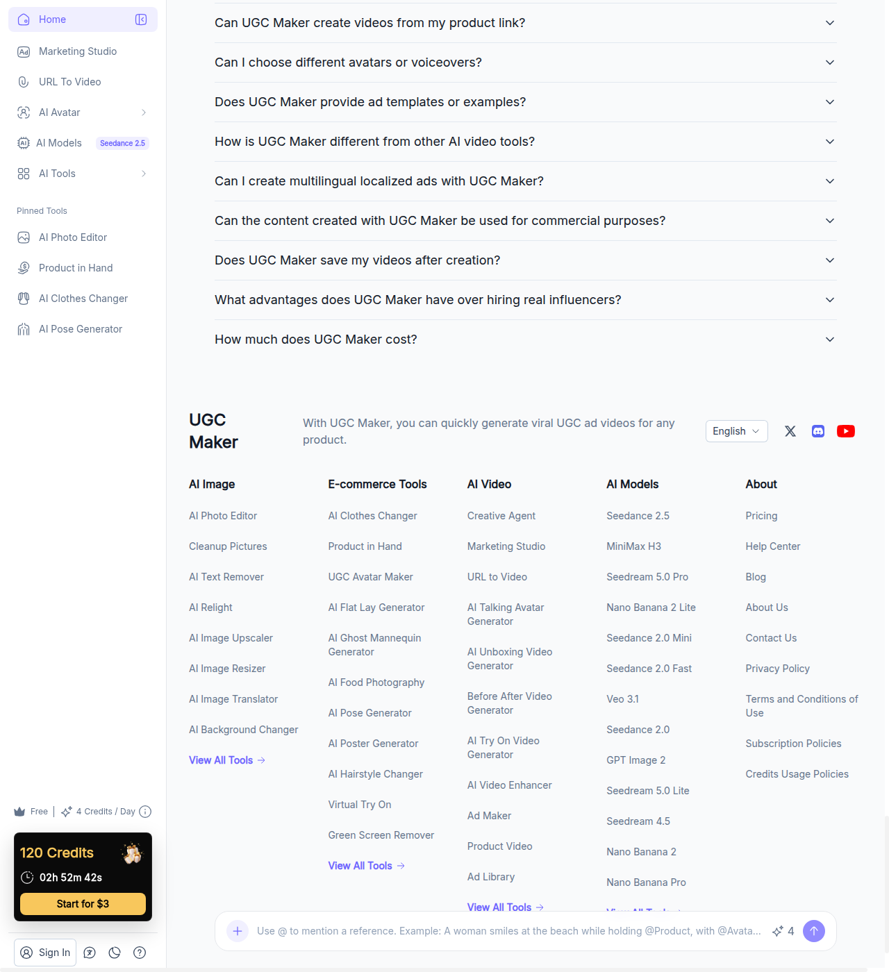 UGC Maker footer listing the AI Models lineup and the bundled E-commerce Tools