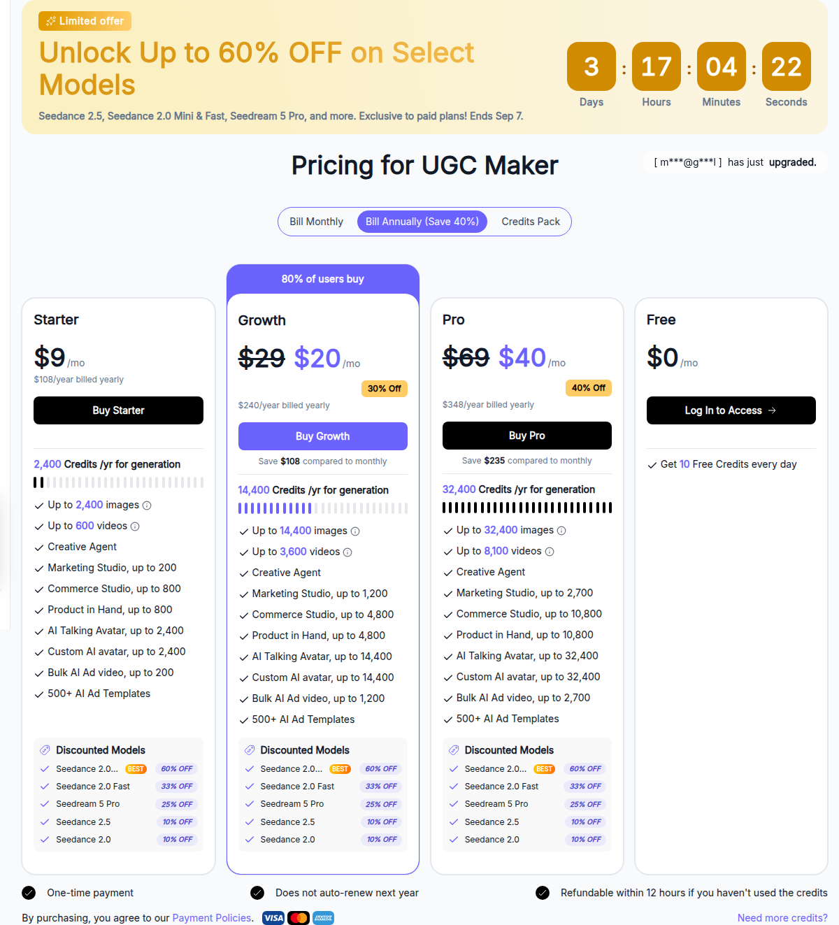 UGC Maker public pricing page showing the Starter, Growth, and Pro plans with prices