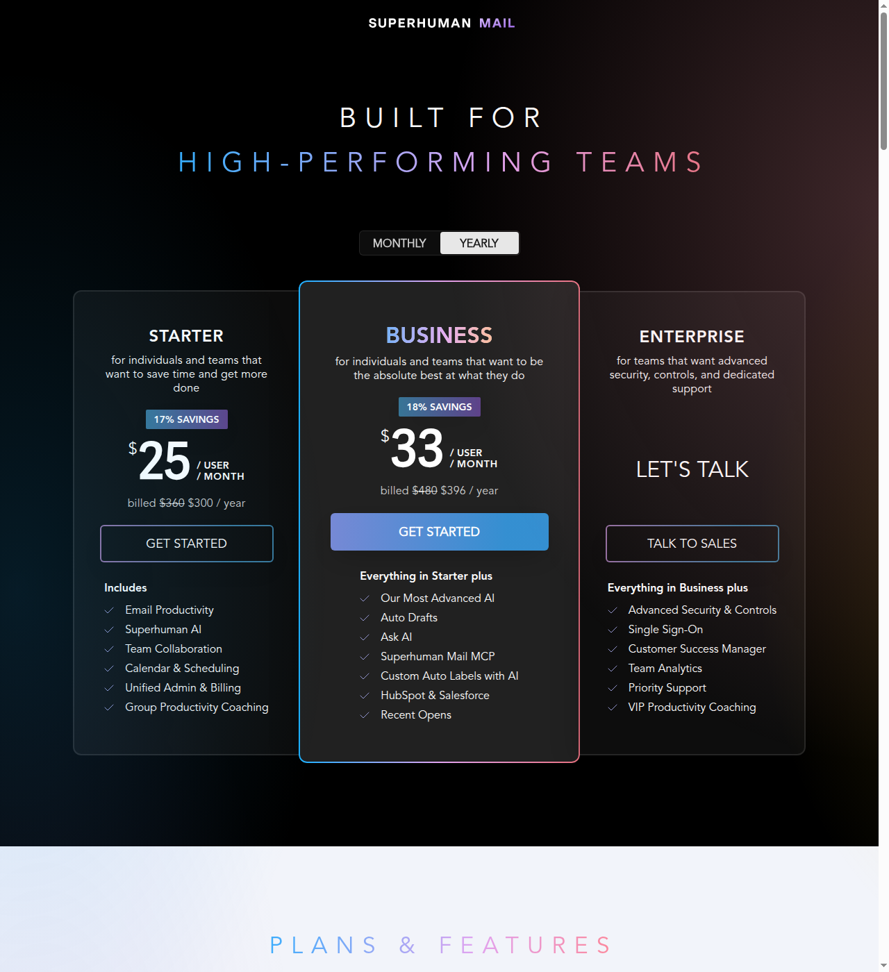 Superhuman Mail pricing plans showing Starter, Business, and Enterprise