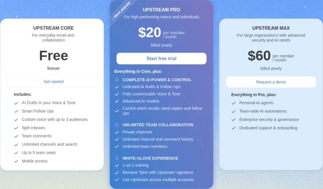 Upstream pricing plans showing Core, Pro, and Max plans
