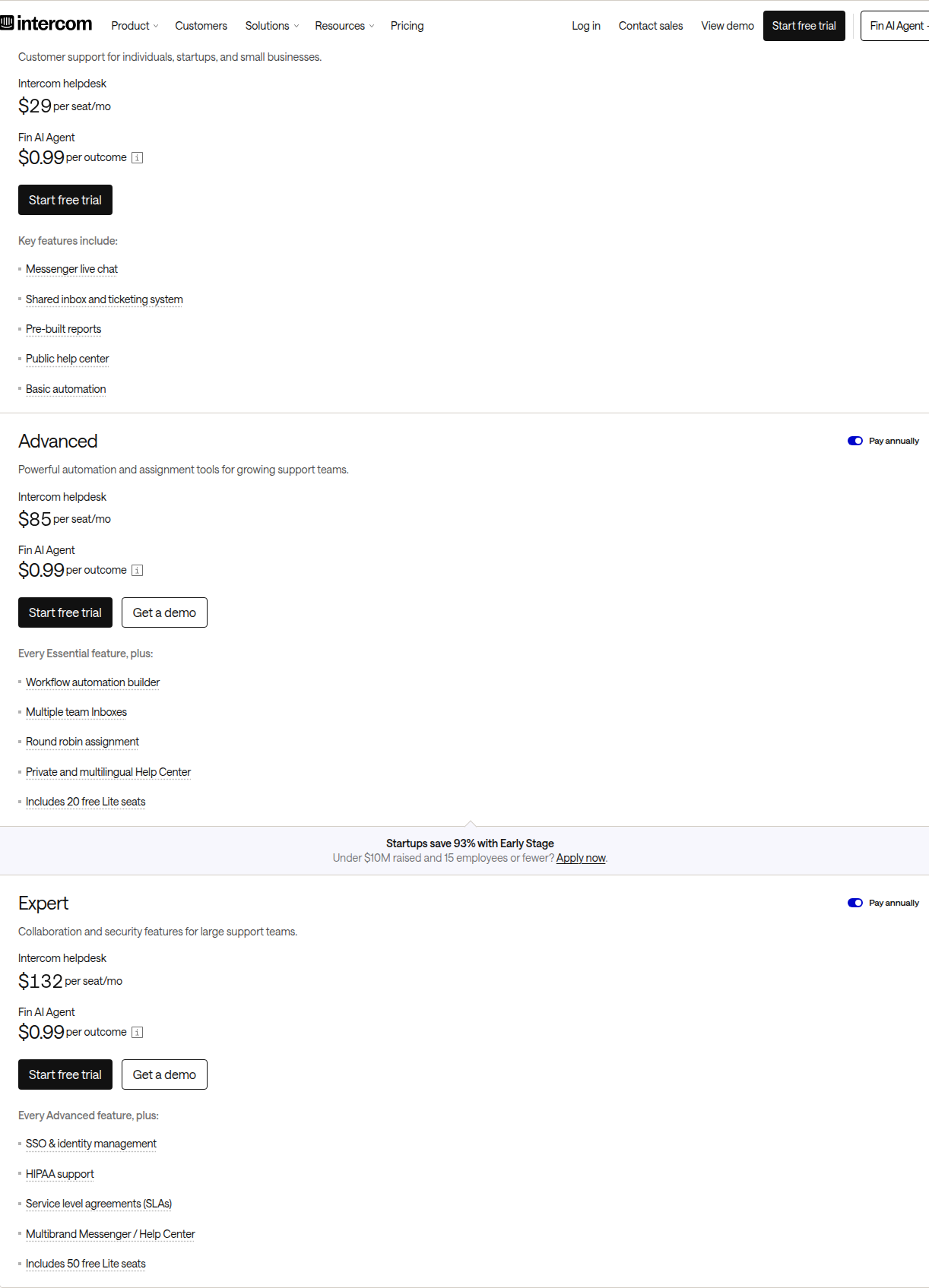 Intercom pricing page showing Essential ($29), Advanced ($85), and Expert ($132) per-seat plans