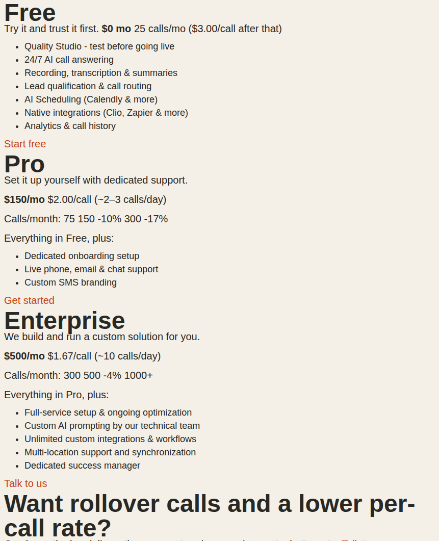 Smith.ai AI Receptionist pricing comparison table: Free $0/mo with 25 included calls and $3.00 extra rate, Pro $150-$500/mo with 75-300 calls, Enterprise $500-$800/mo with 300-1000+ calls and custom per-call rates